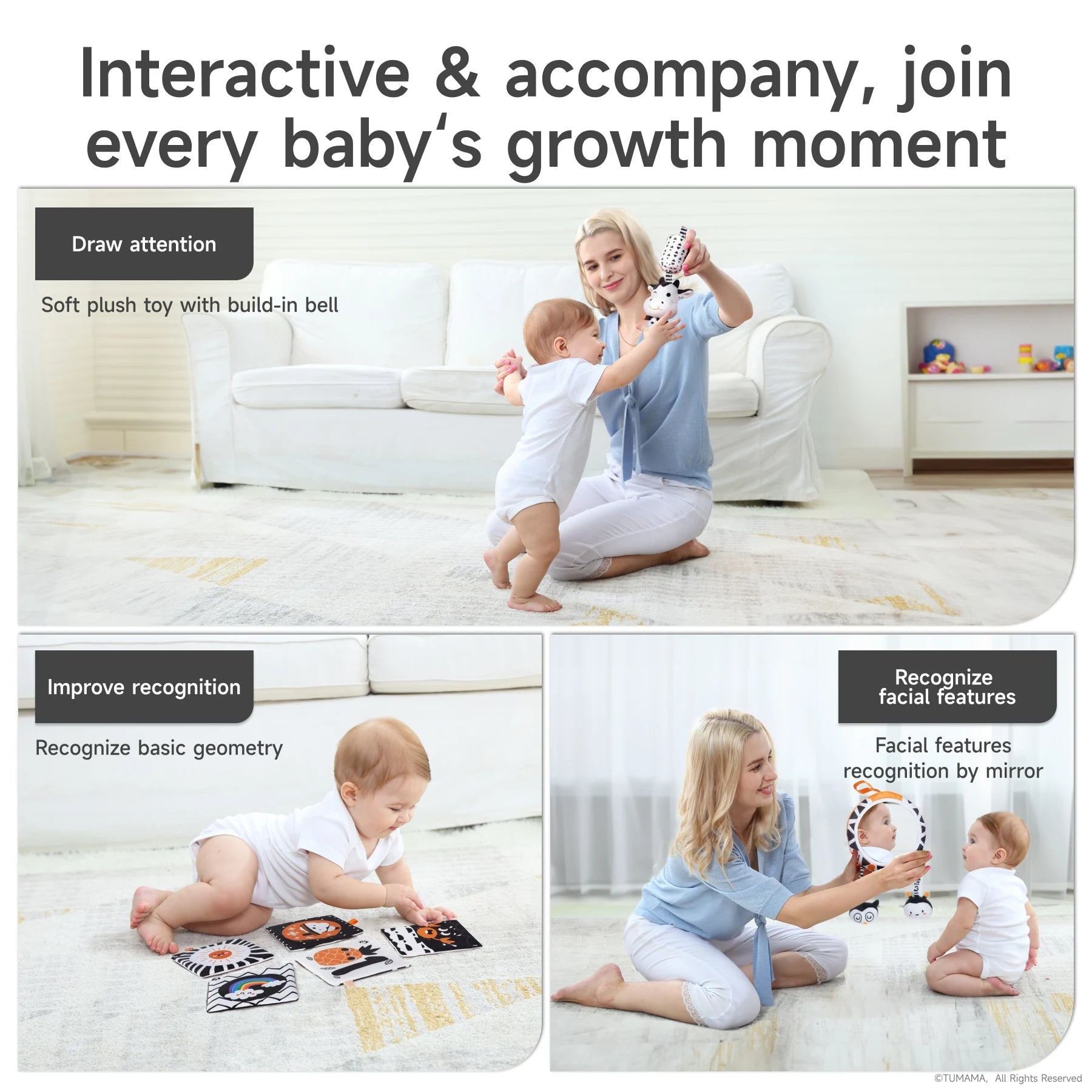 Infographic titled “Interactive & accompany, join every baby’s growth moment” showing a mother playing with her baby using developmental toys.
• Top image: Mother sitting on the floor with a baby who is standing and reaching for a hanging plush toy with a bell.
• Bottom left: Baby crawling and playing with black and white soft books featuring geometric shapes.
• Bottom right: Mother holding up a soft mirror toy while a baby sits and looks at their reflection.