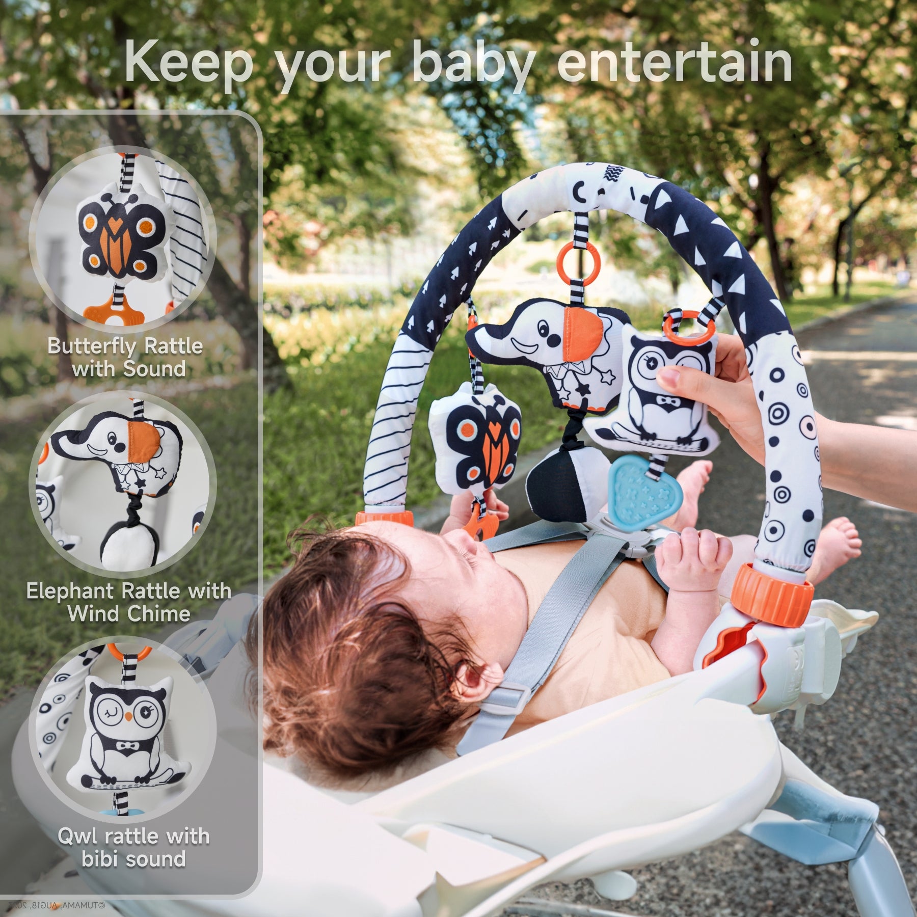 Baby lying in a stroller, reaching toward a plush arch toy with hanging characters—a butterfly, elephant, and owl. Each toy has interactive features: butterfly rattle with sound, elephant rattle with wind chime, and owl rattle with bibi sound. A parent's hand is adjusting the arch, and text highlights the toy’s entertainment value.