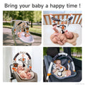 Collage showing a baby playing with a black-and-white plush arch toy in various settings. Demonstrates the toy’s versatility for use on strollers, cribs, rockers, and car seats.
