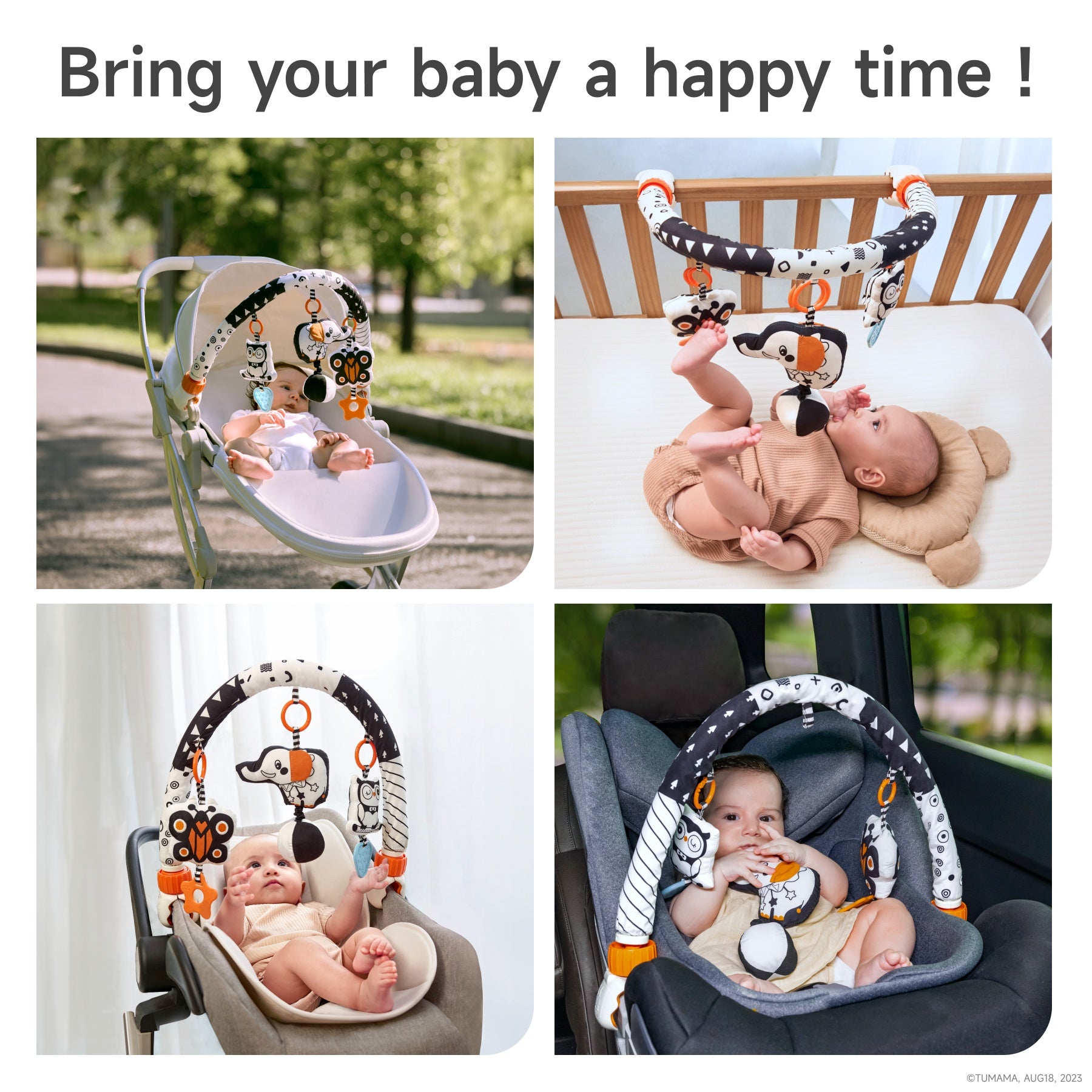 Collage showing a baby playing with a black-and-white plush arch toy in various settings. Demonstrates the toy’s versatility for use on strollers, cribs, rockers, and car seats.