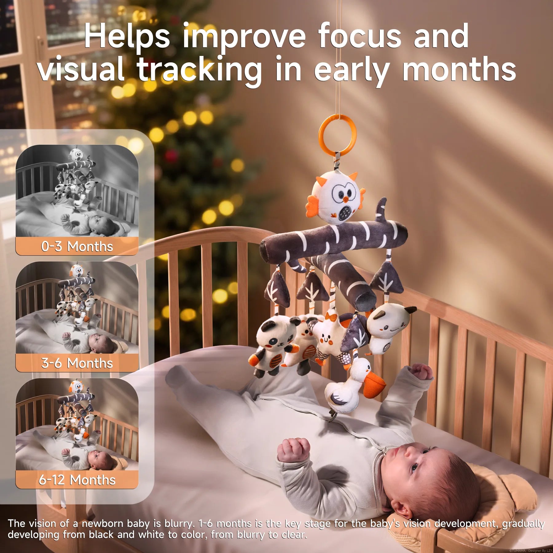 Baby lying on back in a wooden crib, gazing up and reaching at a hanging black-and-white newborn mobile with a plush birch-patterned branch and dangling owl, panda, star, pelican, and bat toys; side infographic panels labeled 0–3 Months, 3–6 Months, 6–12 Months illustrate how the high-contrast mobile helps improve focus and visual tracking in early development.