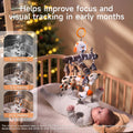 Baby lying on back in a wooden crib, gazing up and reaching at a hanging black-and-white newborn mobile with a plush birch-patterned branch and dangling owl, panda, star, pelican, and bat toys; side infographic panels labeled 0–3 Months, 3–6 Months, 6–12 Months illustrate how the high-contrast mobile helps improve focus and visual tracking in early development.