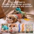 Four smaller detailed insets highlight specific features: 'Whale with texture' shows the blue corduroy-textured whale attachment; 'Crinkle paper' displays the multicolored square pattern fabric that makes crinkling sounds; 'Soft plush' showcases the otter's plush head material; and 'Bright colors' highlights the striped and patterned fabric sections with vibrant blue, orange and green colors. 