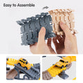 Hands demonstrating how to connect flexible track pieces of a construction-themed toy car set, showing simple snap-together assembly. The top section highlights gray and beige track links being joined, with text reading: “Easy to Assemble.” Below, two smaller images show yellow toy jeeps driving on completed bridge and ramp sections of the track.