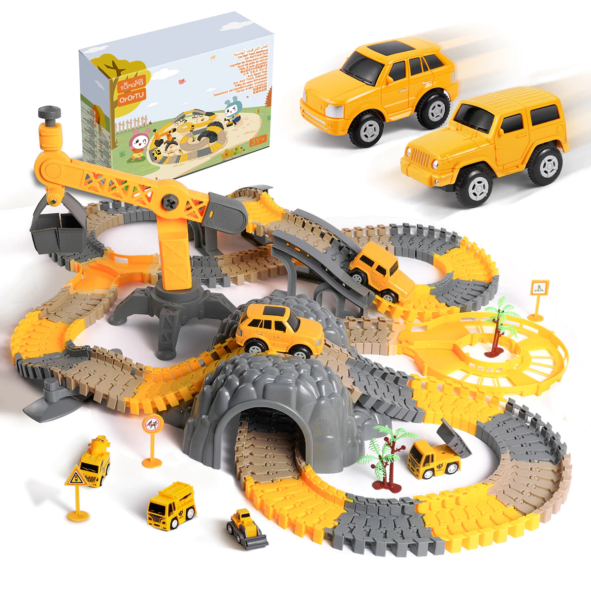 Construction-themed toy car track set with yellow and gray flexible roads, bridges, tunnels, and a rotating crane. Multiple yellow toy vehicles, including jeeps, trucks, and excavators, are placed on the track along with road signs and palm tree decorations. Two larger yellow cars are shown racing at the top right, and the product packaging box is displayed in the background.