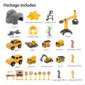 Package contents of the construction-themed toy car track set displayed with labeled parts. Includes tunnel, three-way connection, bridge parts, buffer belts, turntable road, crane, trees, two yellow jeeps, roller, crane truck, sprinkler truck, tank truck, garbage truck, dump truck, 70 brown track blocks, 70 gray track blocks, 16 beige track blocks, and 8 road signs. Each component is shown separately with clear illustrations.