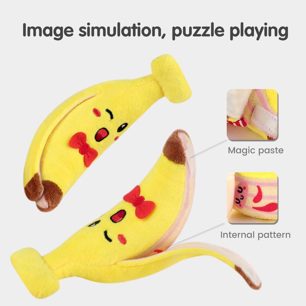 Close-up of a plush banana-shaped baby toy with a smiling face and red bow tie. The toy features peelable sides with Velcro ("magic paste") and an internal pattern, designed for interactive play, puzzle learning, and imaginative simulation to engage babies.