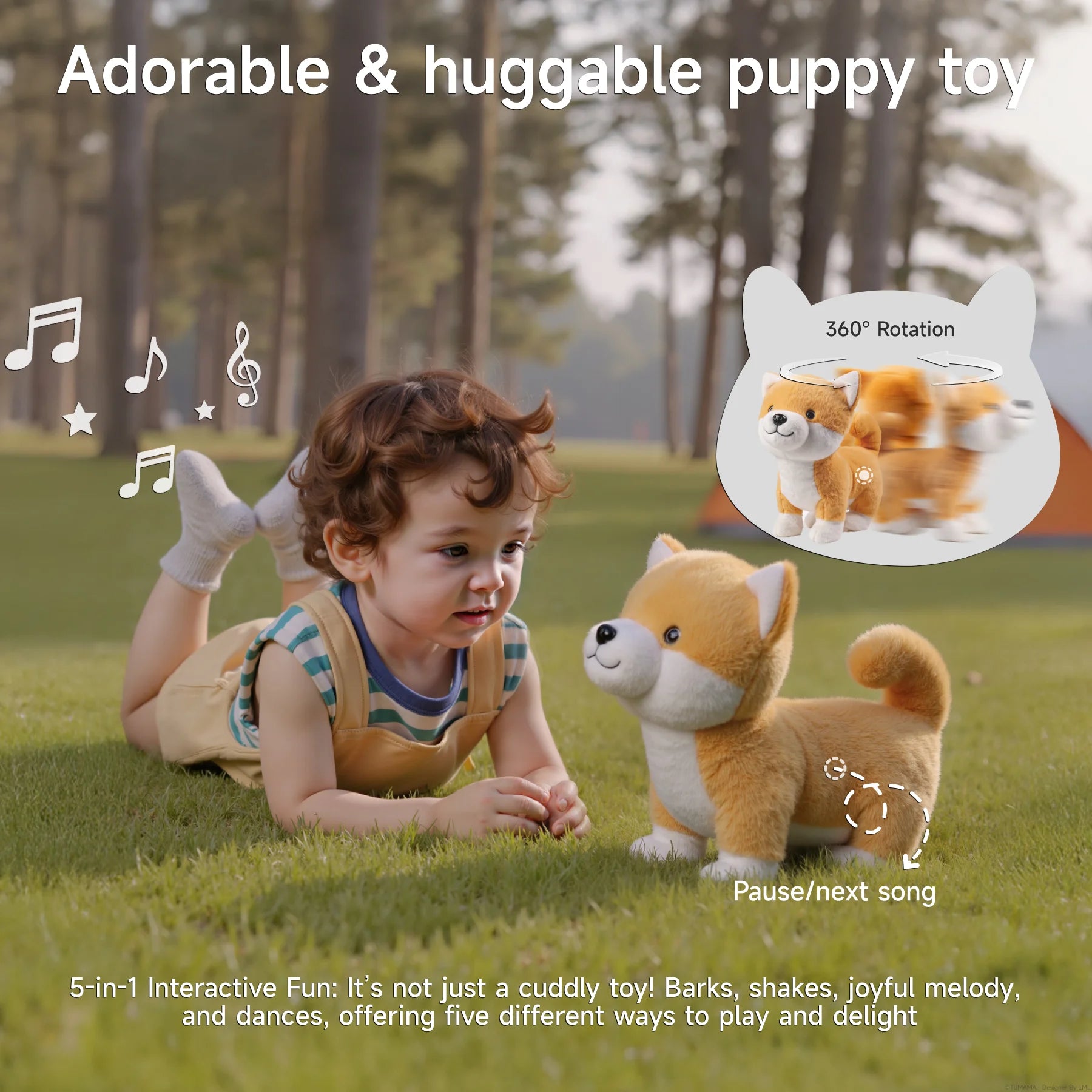 Happy toddler lying on the grass playing with a Shiba Inu interactive plush toy in a forest park setting. The toy features soft tan and white fur and is shown with icons indicating its 360° rotation, music, barking, and dancing functions. Text overlay reads: 'Adorable & huggable puppy toy' and describes the toy’s 5-in-1 interactive features including barks, shakes, joyful melody, and dances.