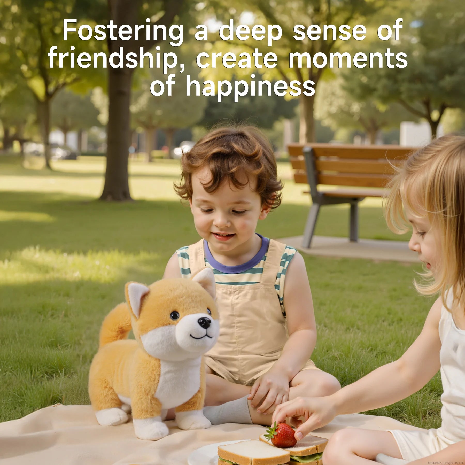 Two young children enjoying a picnic in a sunny park, sitting on a blanket with sandwiches and strawberries, while playing with a Shiba Inu interactive plush toy. The tan and white dog toy stands upright beside them. Overlay text reads: 'Fostering a deep sense of friendship, create moments of happiness,' highlighting the toy’s emotional value and companionship role.