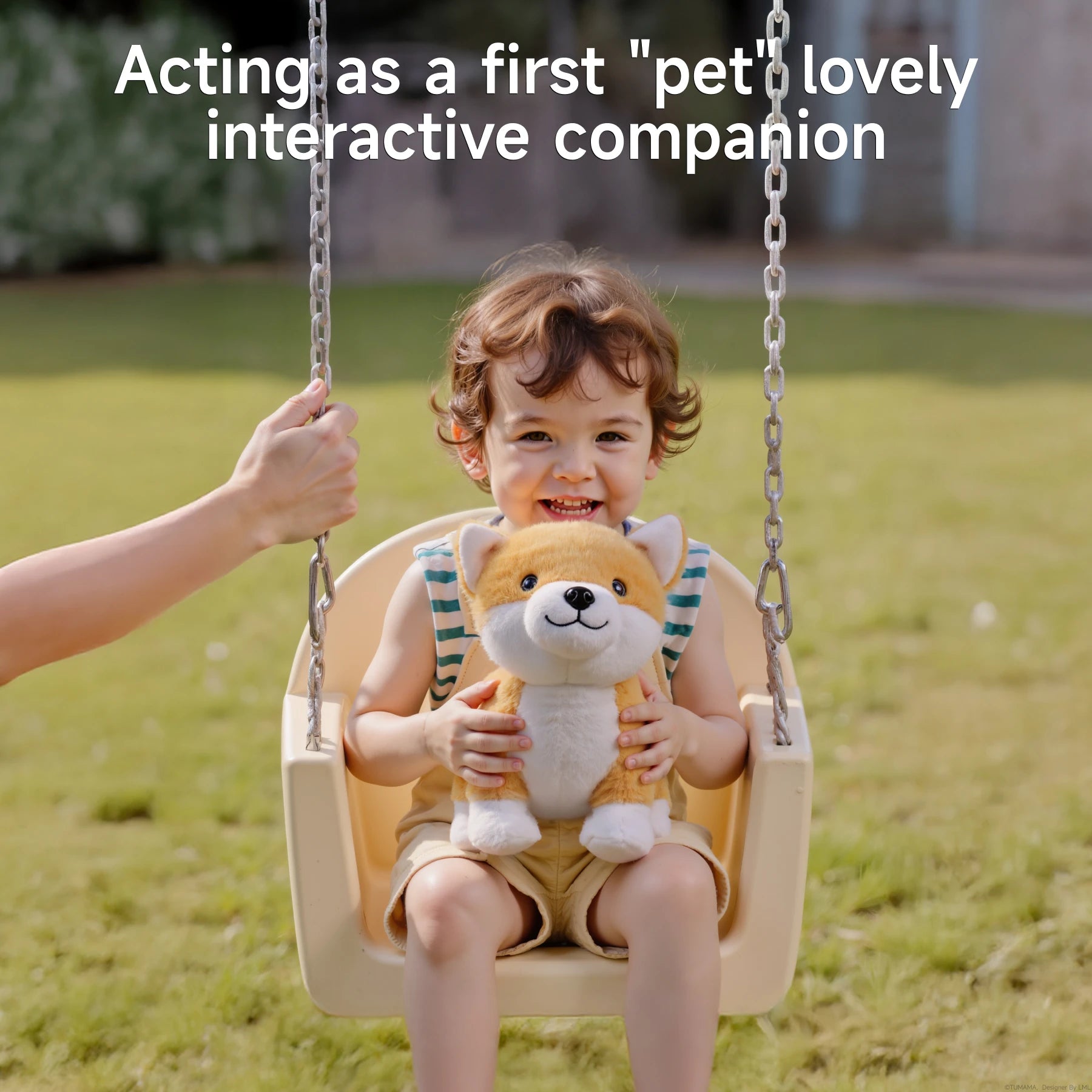 Smiling toddler sitting on a playground swing, holding a Shiba Inu interactive plush toy with tan and white fur. An adult hand gently steadies the swing. Overlay text reads: 'Acting as a first "pet" lovely interactive companion,' emphasizing the toy’s role as a comforting, lifelike friend for young children.