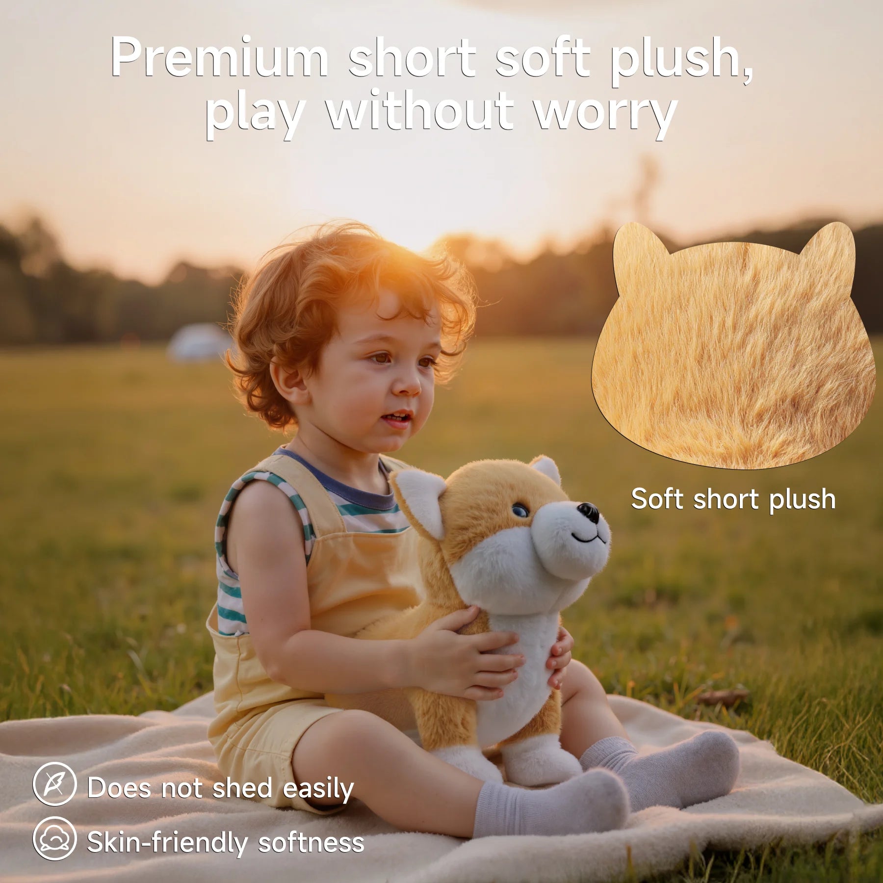 Toddler sitting on a blanket in a grassy field at sunset, gently holding a Shiba Inu interactive plush toy with tan and white fur. An inset graphic shows a close-up texture of the toy's 'soft short plush' material. Overlay text reads: 'Premium short soft plush, play without worry.' Icons below indicate features: 'Does not shed easily' and 'Skin-friendly softness,' highlighting safety and quality of materials.