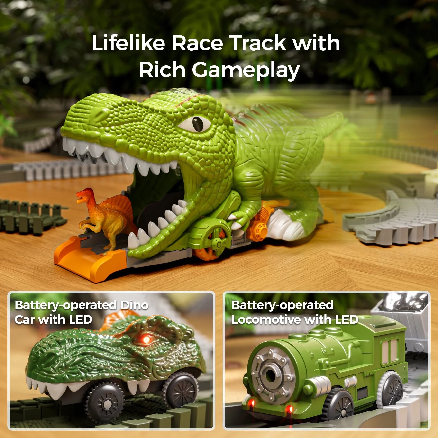 Close-up of dinosaur race track toy with large T-Rex tunnel, battery-operated LED dino car, and battery-powered LED locomotive, offering interactive and imaginative play for kids.