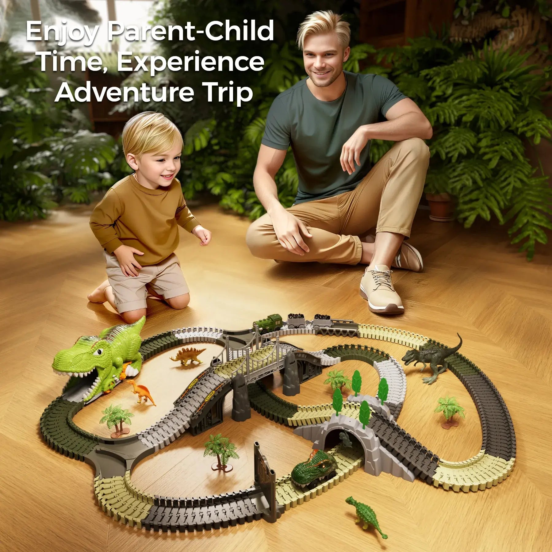 Father and son playing together with dinosaur race track set, highlighting parent-child bonding, imaginative play, and adventure time.