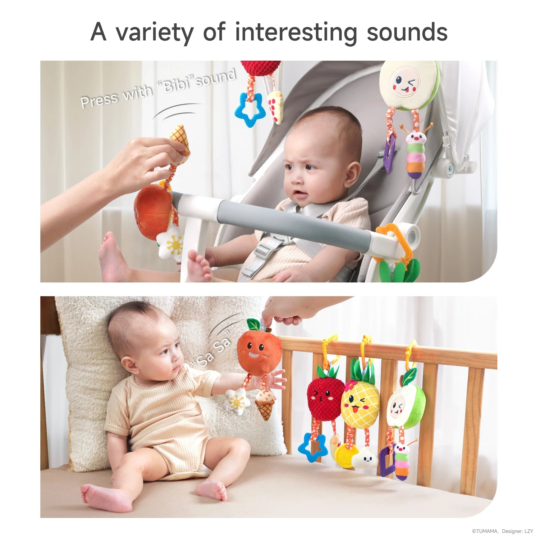 Two scenes show a baby interacting with plush fruit-themed hanging rattle toys. In the top image, a baby sits in a stroller, curiously looking at an adult pressing a plush orange toy that makes a “Bibi” sound. In the bottom image, the baby sits on a soft surface reaching toward the same orange toy, now making a “Sa Sa” crinkle sound. Other plush toys—strawberry, pineapple, and apple—are hanging from a wooden rail. Text overlay reads: “A variety of interesting sounds.”