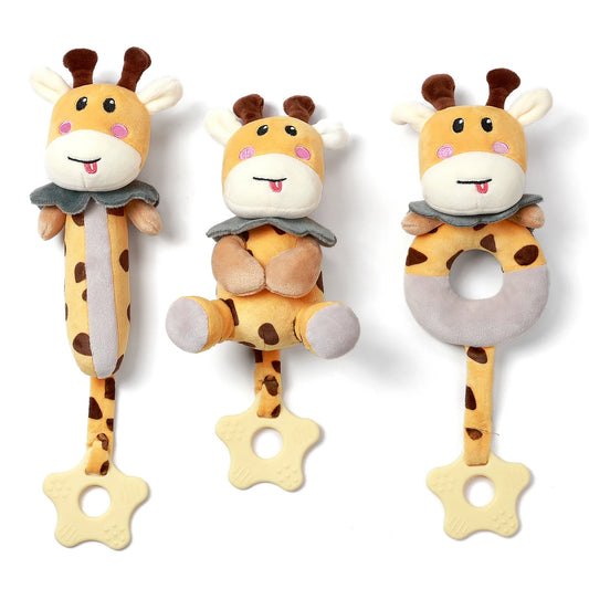 Giraffe-themed 3pcs plush set for sensory play in infants