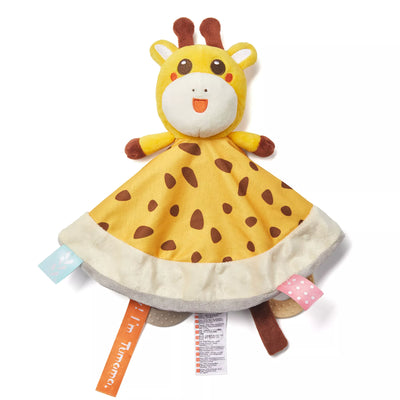A cute giraffe baby security blanket with a plush giraffe head and arms, yellow spotted body, soft edging, and colorful tags attached at the bottom.