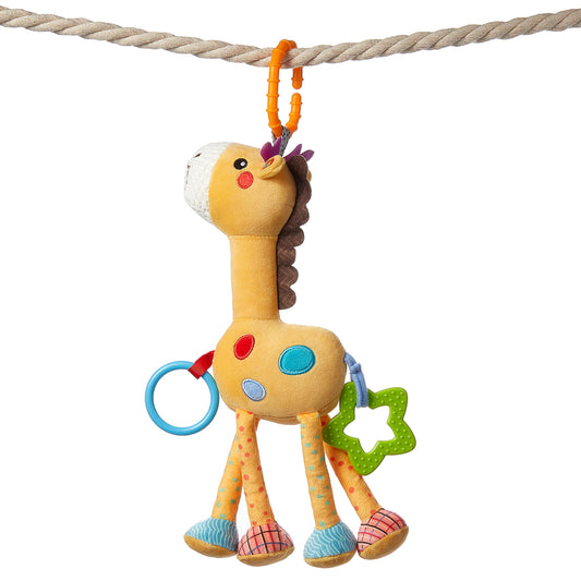 Plush giraffe baby toy hanging from a beige rope using an orange clip ring. The toy features colorful details, including polka-dot legs, a blue plastic ring, and a green star-shaped teether. Designed for sensory play and easy attachment to strollers, cribs, or car seats.