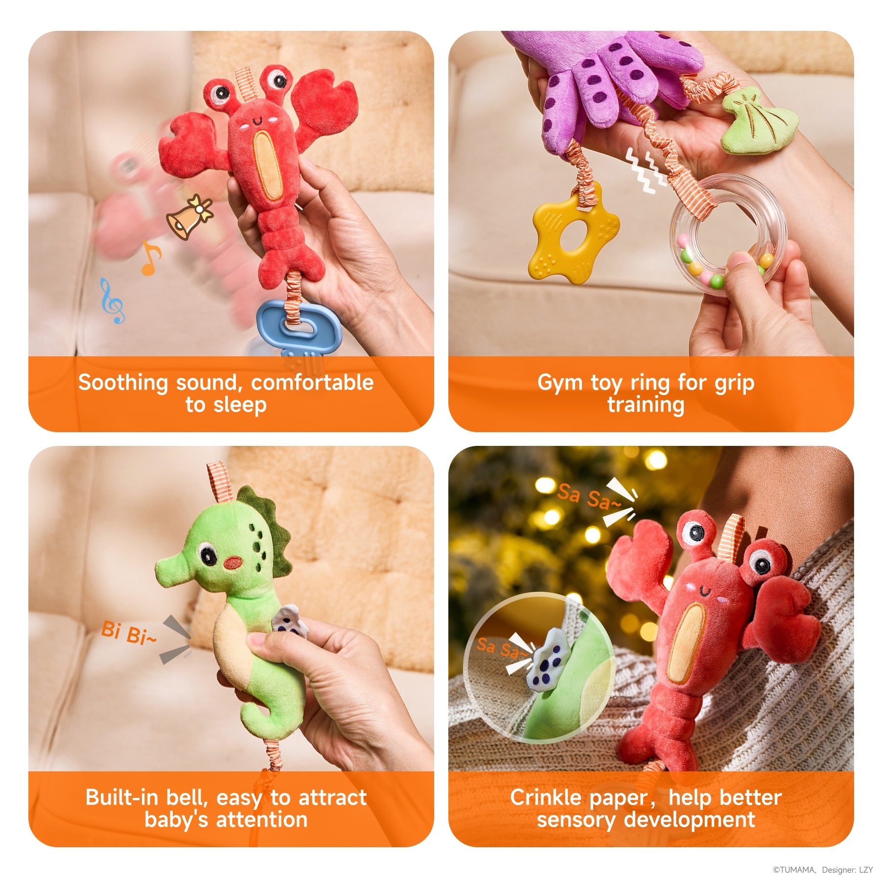 Four-panel image showcasing features of a marine-themed baby rattle toy set. Top-left: Red lobster plush with musical notes indicating “Soothing sound, comfortable to sleep.” Top-right: Purple octopus with a transparent ring and yellow star for “Gym toy ring for grip training.” Bottom-left: Green seahorse with the words “Bi Bi” showing “Built-in bell, easy to attract baby's attention.” Bottom-right: Close-up of lobster and seahorse wings with “Sa Sa” crinkle paper sound, labeled “Crinkle paper, help better 