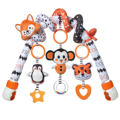 Colorful baby toy arch with black, white, and orange patterned fabric, featuring five hanging plush animals including a monkey, penguin, tiger, and fox, with textured teething toys attached to orange rings.
