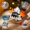 High-contrast triangular baby sensory toy with black and white crab design, orange fabric claws, geometric patterns, and attached teethers and rattles. Includes colorful hanging loops, crinkle textures, and teething rings to encourage sensory development, visual stimulation, and grasping skills.