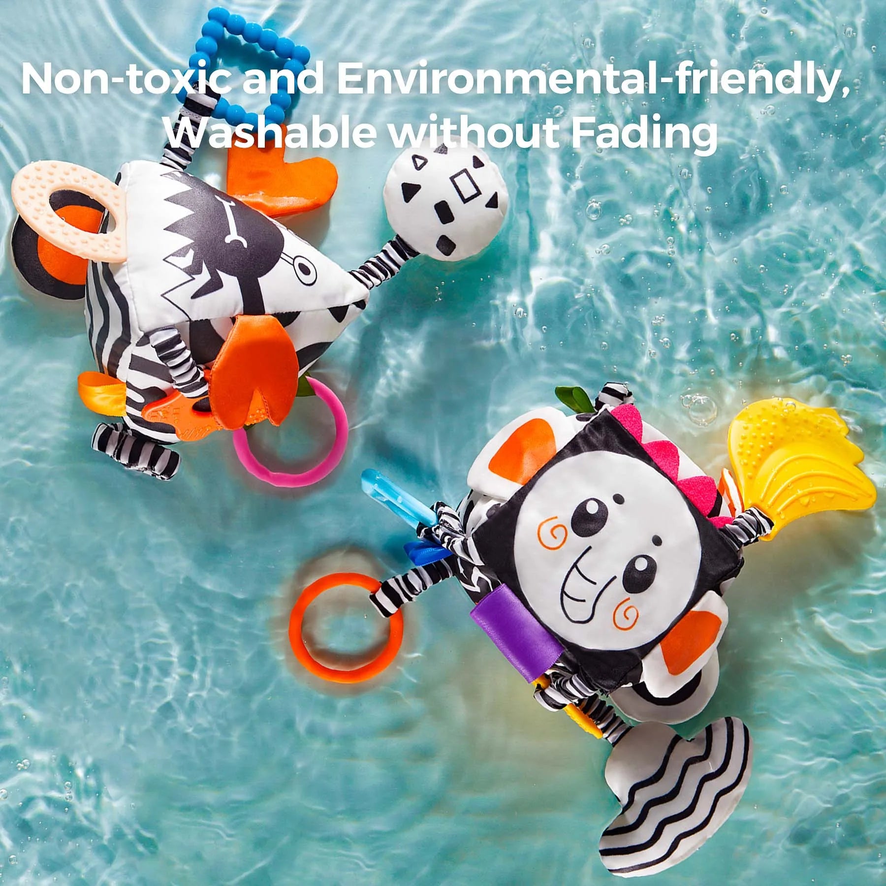 Two black-and-white high-contrast baby sensory toys floating in water, featuring animal faces, crinkly textures, rattles, and colorful teething attachments. Designed to be non-toxic, eco-friendly, and washable without fading, ideal for teething relief and sensory development.