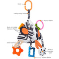Black and white high-contrast baby sensory toy with multiple functions, including a safe teether, crinkle sensory paper, built-in sounder, round and square rattles, elastic band, and hanging hook. Designed for stroller or crib use to support baby’s teething, sensory development, and entertainment.