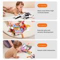 Three stages of baby development illustrated with images of a toddler engaging with cloth books.
Top: Baby lying on stomach looking at a black-and-white high contrast cloth book, labeled “0–3 months – Black and White High Contrast Books.”
Middle: Baby grasping a colorful cloth book with animal tails, labeled “3–6 months – Exercise grip and sensory development.”
Bottom: Baby interacting with a parent while exploring a colorful animal-themed book, labeled “6–9 months – Parent-child interaction.”
Each stage hi