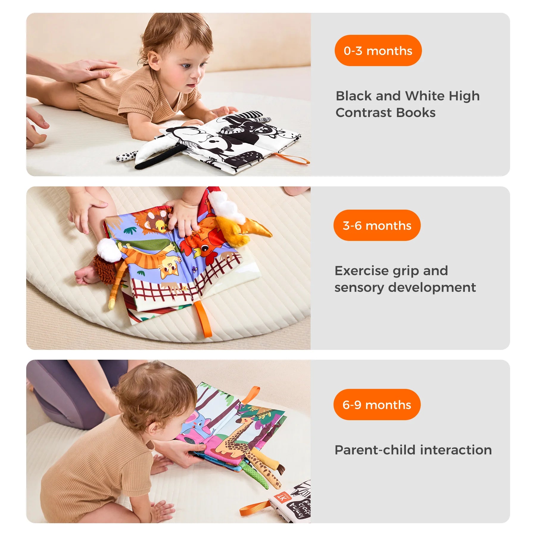 Three stages of baby development illustrated with images of a toddler engaging with cloth books.
Top: Baby lying on stomach looking at a black-and-white high contrast cloth book, labeled “0–3 months – Black and White High Contrast Books.”
Middle: Baby grasping a colorful cloth book with animal tails, labeled “3–6 months – Exercise grip and sensory development.”
Bottom: Baby interacting with a parent while exploring a colorful animal-themed book, labeled “6–9 months – Parent-child interaction.”
Each stage hi