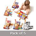 Set of five soft cloth baby books, each with a unique theme and 3D animal tails sticking out from the sides. Themes include Dinosaur Cloth Book, Marine Cloth Book, Animal Cloth Book, Forest Cloth Book, and Black & White Animal Cloth Book. Each book features colorful or high-contrast illustrations and various textured tails designed to stimulate babies’ sensory development and early learning.