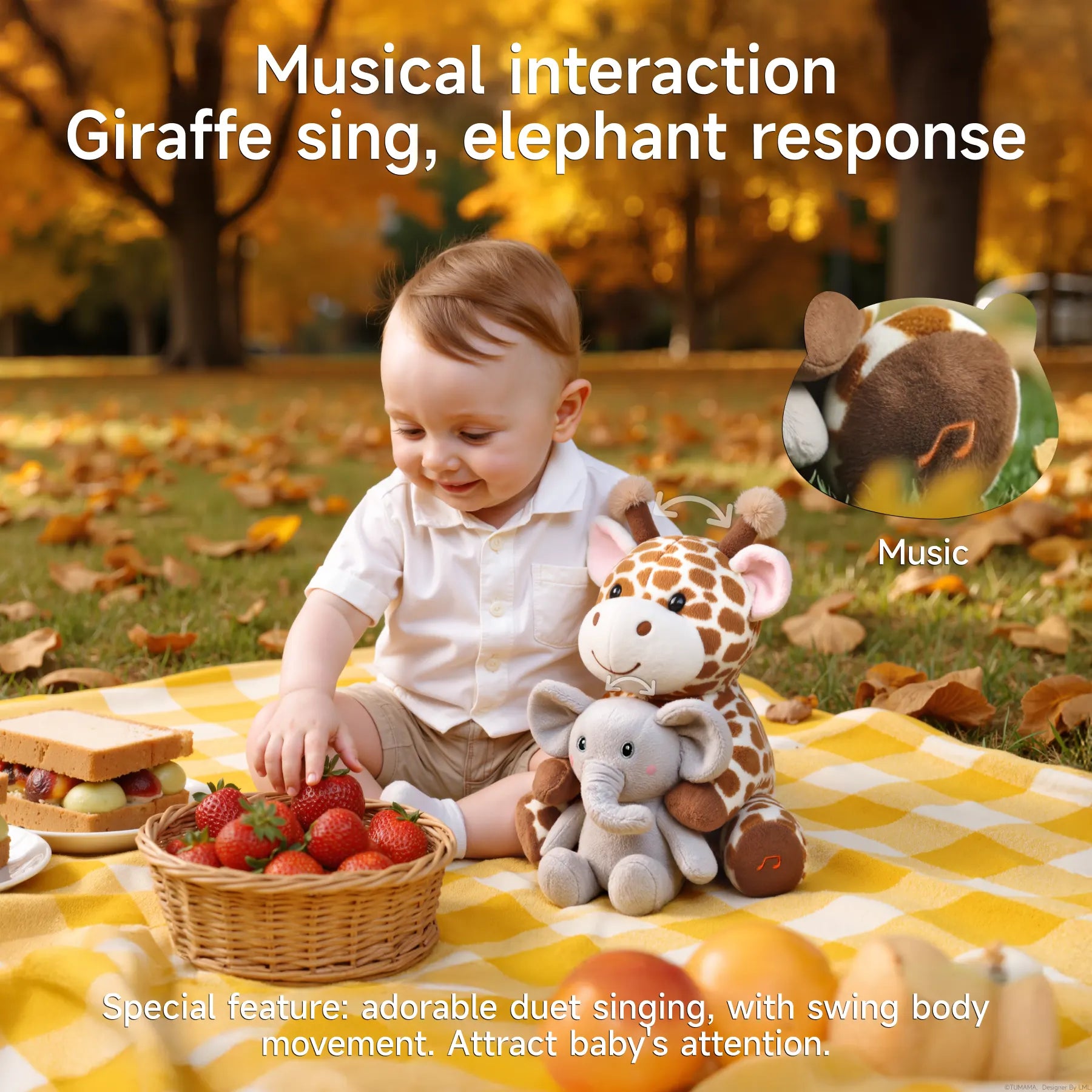 A baby sitting on a picnic blanket outdoors, playing beside a plush giraffe and elephant toy duo that performs musical interactions. Text on the image highlights the giraffe singing and the elephant responding, with a small inset showing the giraffe playing music.