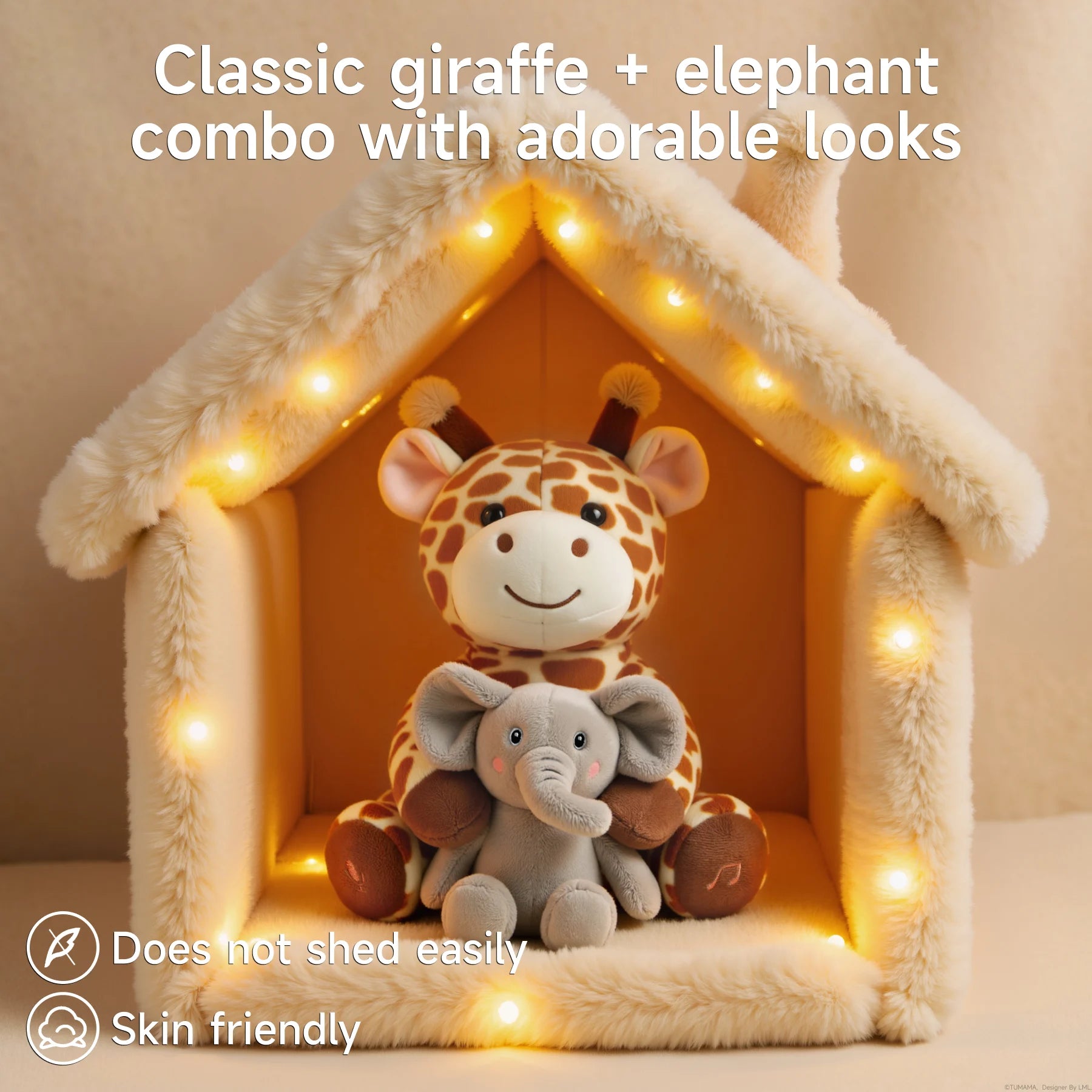 Adorable giraffe and elephant plush toy duo sitting inside a cozy, fur-lined playhouse decorated with warm fairy lights; promotes features like non-shedding fabric and skin-friendly materials, ideal for children’s play and cuddling.