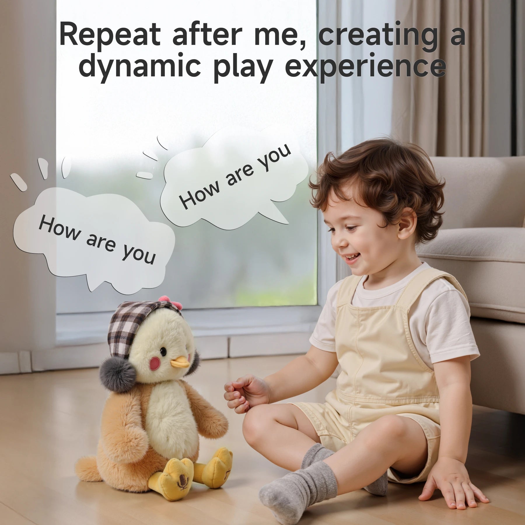 Smiling toddler sitting on the floor interacting with an interactive chick plush toy that repeats phrases like ‘How are you’, both engaged in dynamic play in a cozy living room setting.