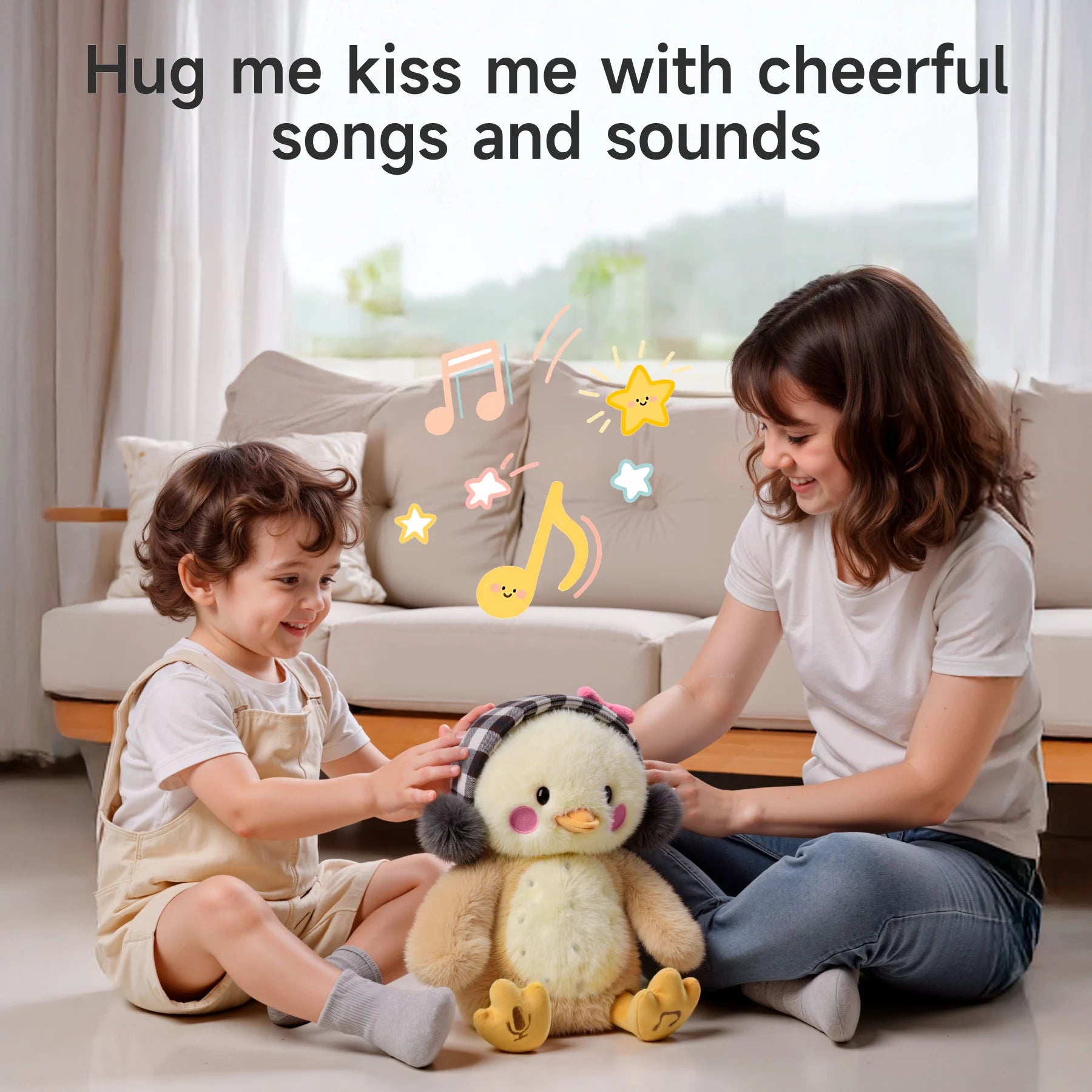 Smiling child and woman playing with an interactive chick plush toy that plays cheerful songs and sounds when hugged, shown in a cozy living room with animated musical notes and stars.
