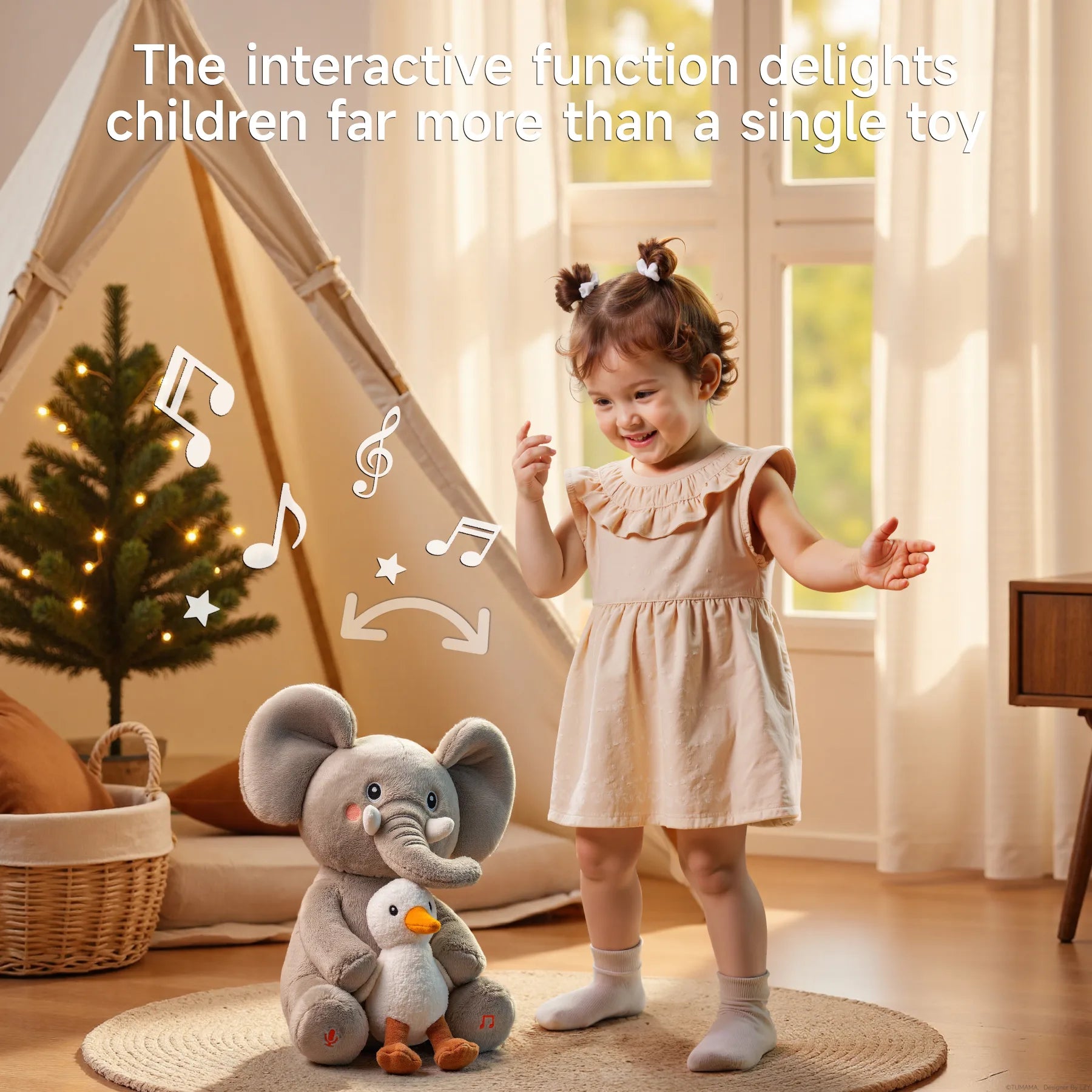 A joyful toddler in a light beige dress plays in a cozy, softly lit room decorated with a small lit Christmas tree and a fabric play tent. In front of her is a plush, interactive elephant toy holding a duck, with musical notes and motion arrows illustrated around it, highlighting its singing and movement features. Text above reads, “The interactive function delights children far more than a single toy.”