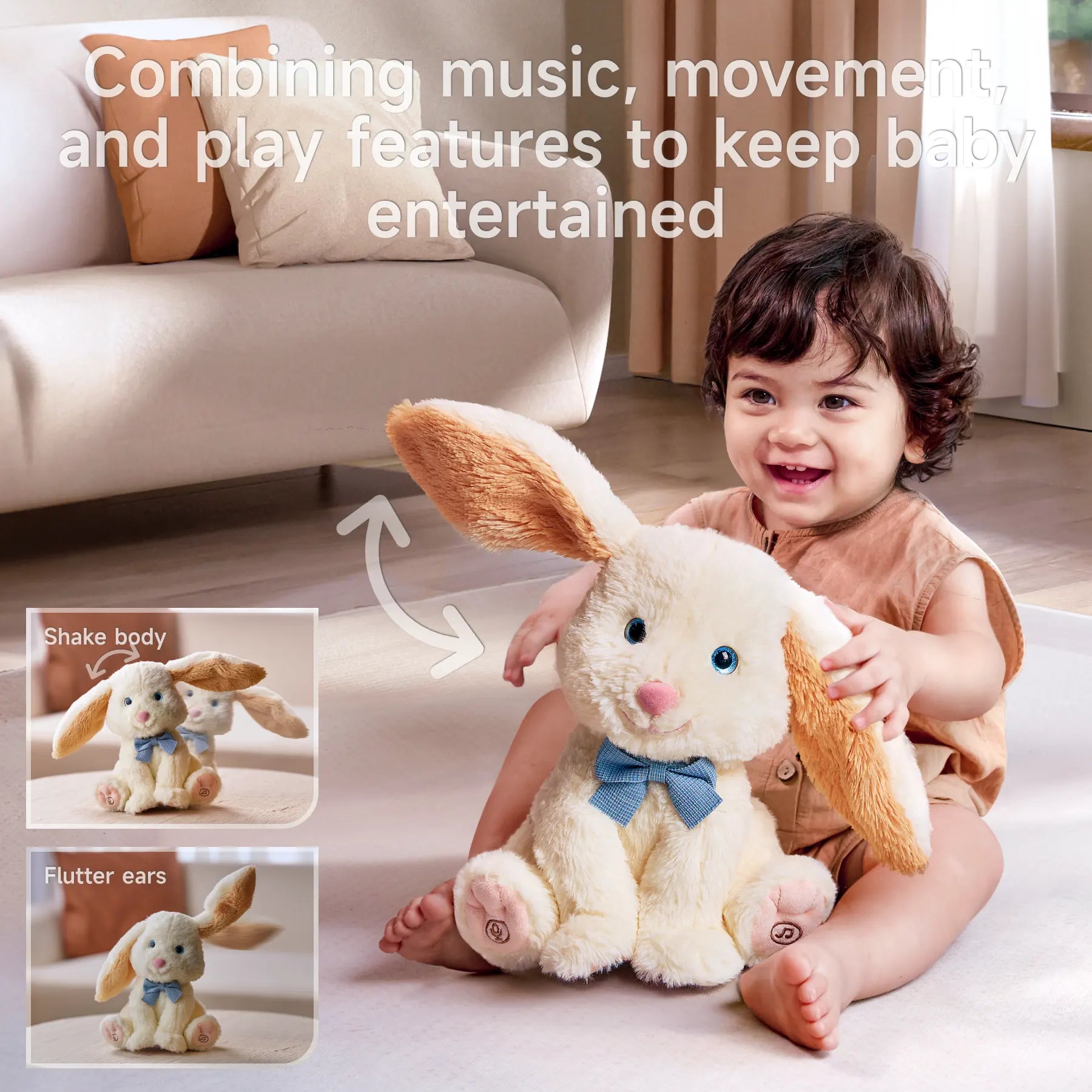Happy toddler sitting on the floor, playing with a plush bunny toy that features music, ear fluttering, and body shaking; overlay text explains entertainment features with inset images showing toy's movements.