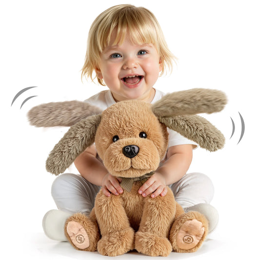 Smiling toddler holding the Interactive Singing and Talking Plush Toy, a soft plush dog with moving ears that engages children with songs and interactive talking features.