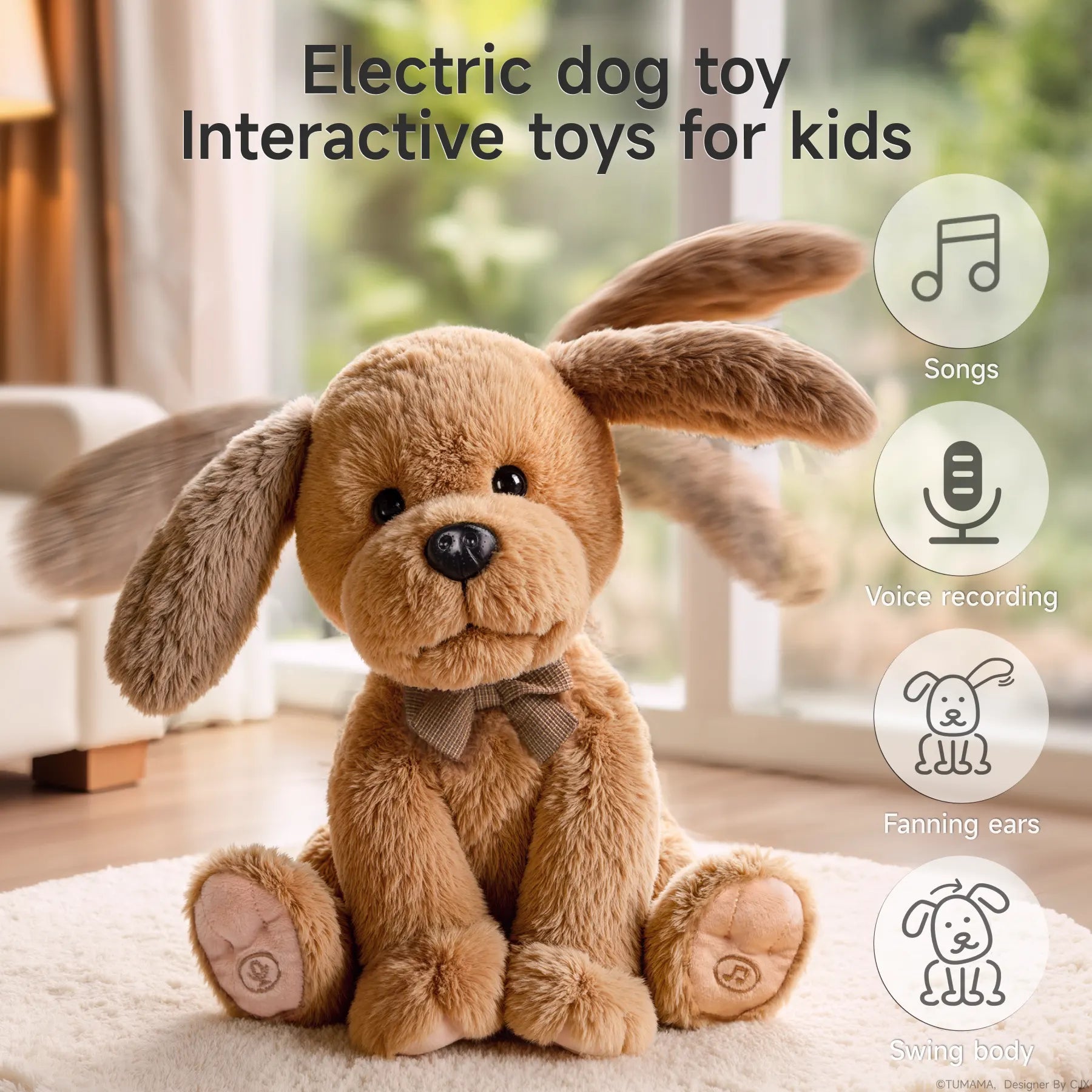 A brown interactive singing and talking plush dog toy for kids, sitting on a carpet in a living room, featuring music, voice recording, flapping ears, and swinging body functions.