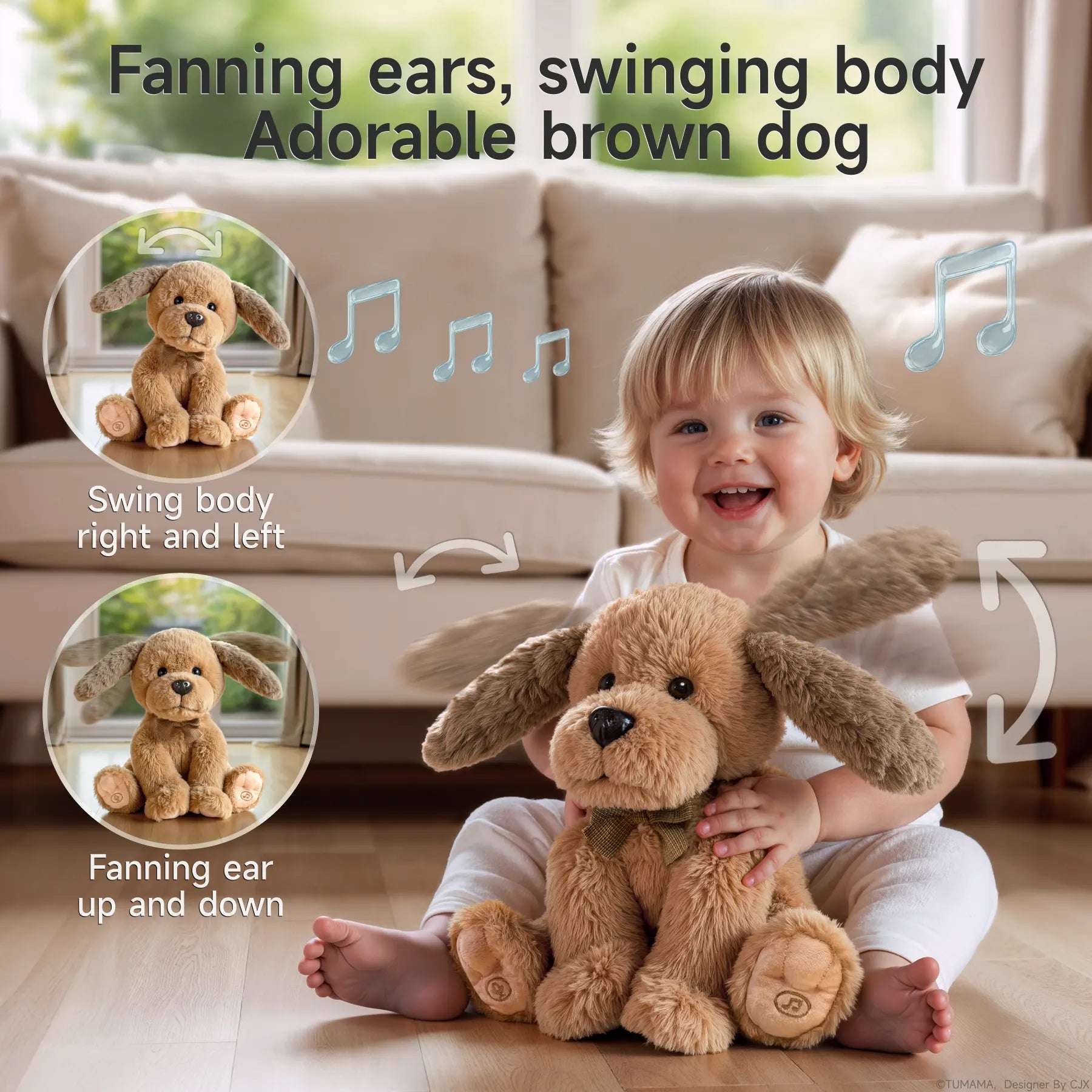 Happy toddler sitting on the floor hugging an animated plush brown dog toy with floppy ears, which swings its body side to side and fans its ears up and down, accompanied by musical notes, demonstrating interactive movement and sound features.