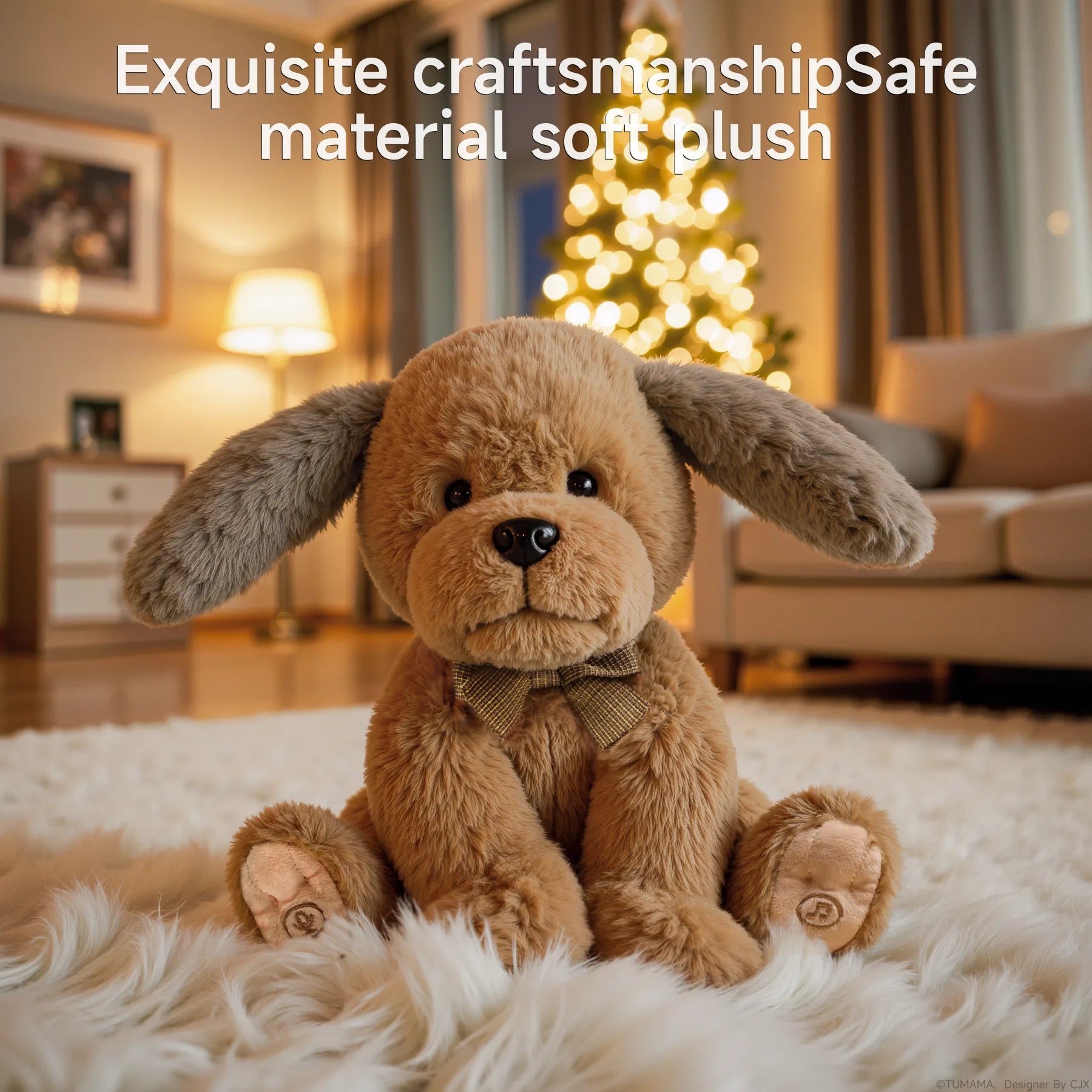 Close-up of a plush brown dog toy with floppy ears and a bow tie, sitting on a soft rug in a warmly lit living room with a glowing Christmas tree in the background, showcasing its soft material and high-quality craftsmanship.
