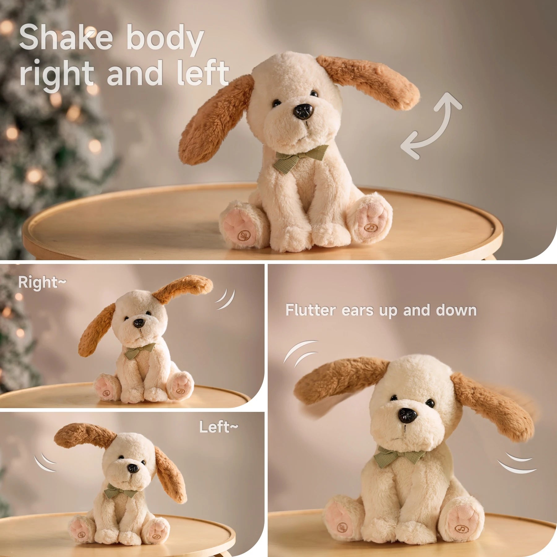 Interactive stuffed animal toy dog with beige fur and floppy brown ears, shown on a round wooden table. The image demonstrates its movement features, including shaking its body side to side and fluttering its ears up and down, with labeled motion effects and multiple frames highlighting right, left, and ear-flapping motions.