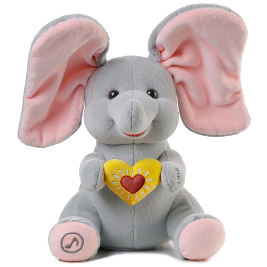 Interactive stuffed elephant toy with large pink ears, holding a yellow heart with a red center, designed for animated peek-a-boo play.