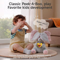 Child playing peek-a-boo with an interactive plush elephant toy that covers its eyes with floppy ears, featuring the text 'Classic Peek-A-Boo, play favorite kids development'.
