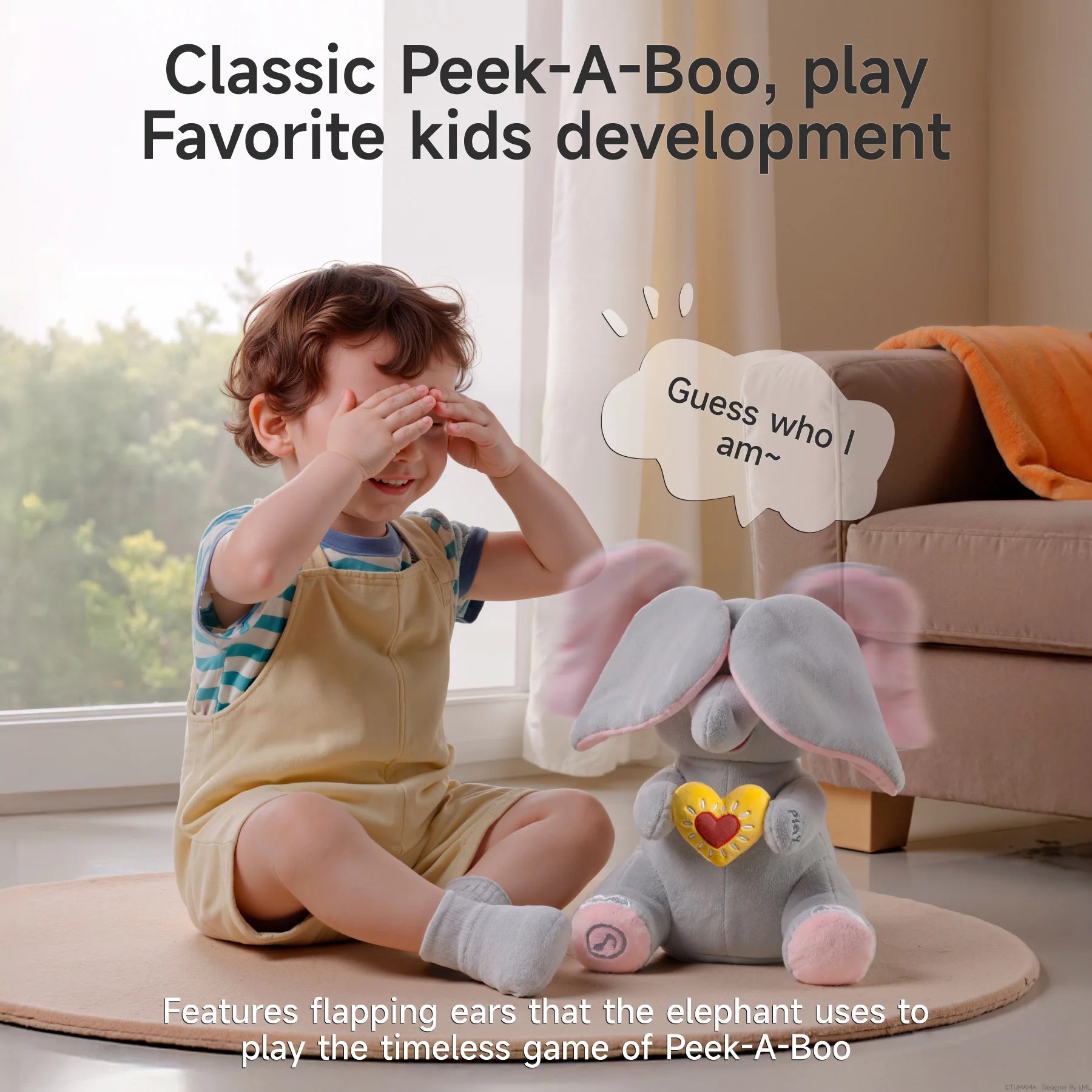Child playing peek-a-boo with an interactive plush elephant toy that covers its eyes with floppy ears, featuring the text 'Classic Peek-A-Boo, play favorite kids development'.