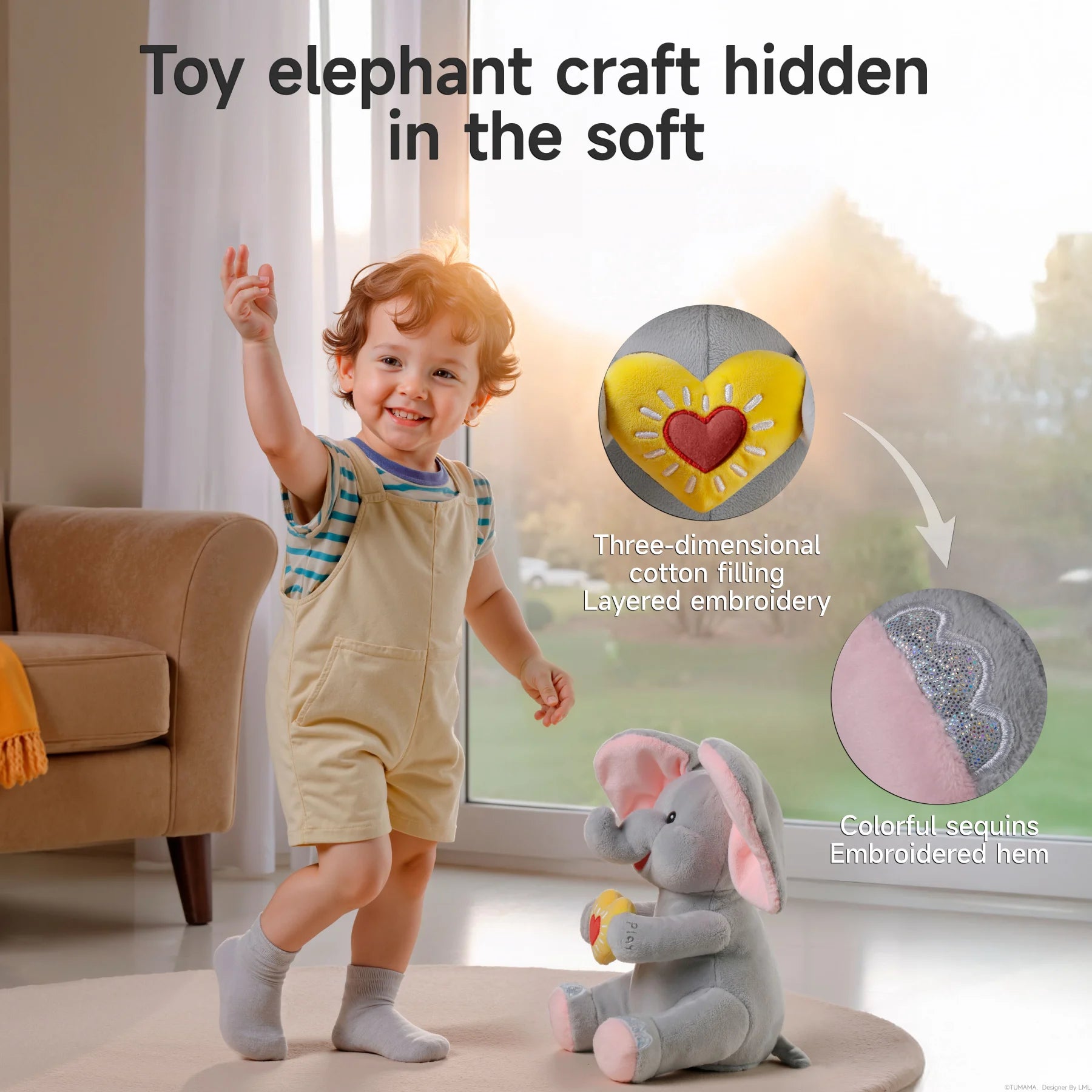 Happy toddler standing and playing near a plush elephant toy with pink ears and a yellow heart. Inset close-ups highlight the toy’s design details, including three-dimensional cotton filling, layered embroidery on the heart, colorful sequins, and an embroidered hem. Text above reads: “Toy elephant craft hidden in the soft.”