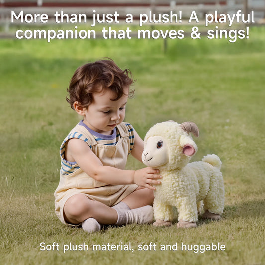 Toddler sitting on green grass playing with an interactive stuffed lamb toy; text overlay reads: “More than just a plush! A playful companion that moves & sings. Soft plush material, soft and huggable.”