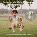 A smiling child sitting on a wooden swing, holding the interactive lamb toy. An inset animation shows the lamb moving with a caption: “Touch head gently to activate sound and movement.” Additional text reads: “Features a built-in mechanism. Walk, twist, sing. Touch control or remove leash control.”