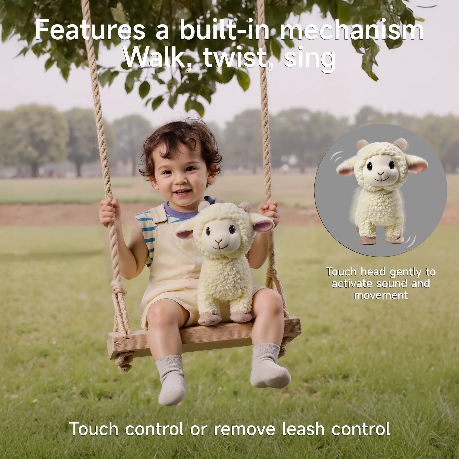 A smiling child sitting on a wooden swing, holding the interactive lamb toy. An inset animation shows the lamb moving with a caption: “Touch head gently to activate sound and movement.” Additional text reads: “Features a built-in mechanism. Walk, twist, sing. Touch control or remove leash control.”