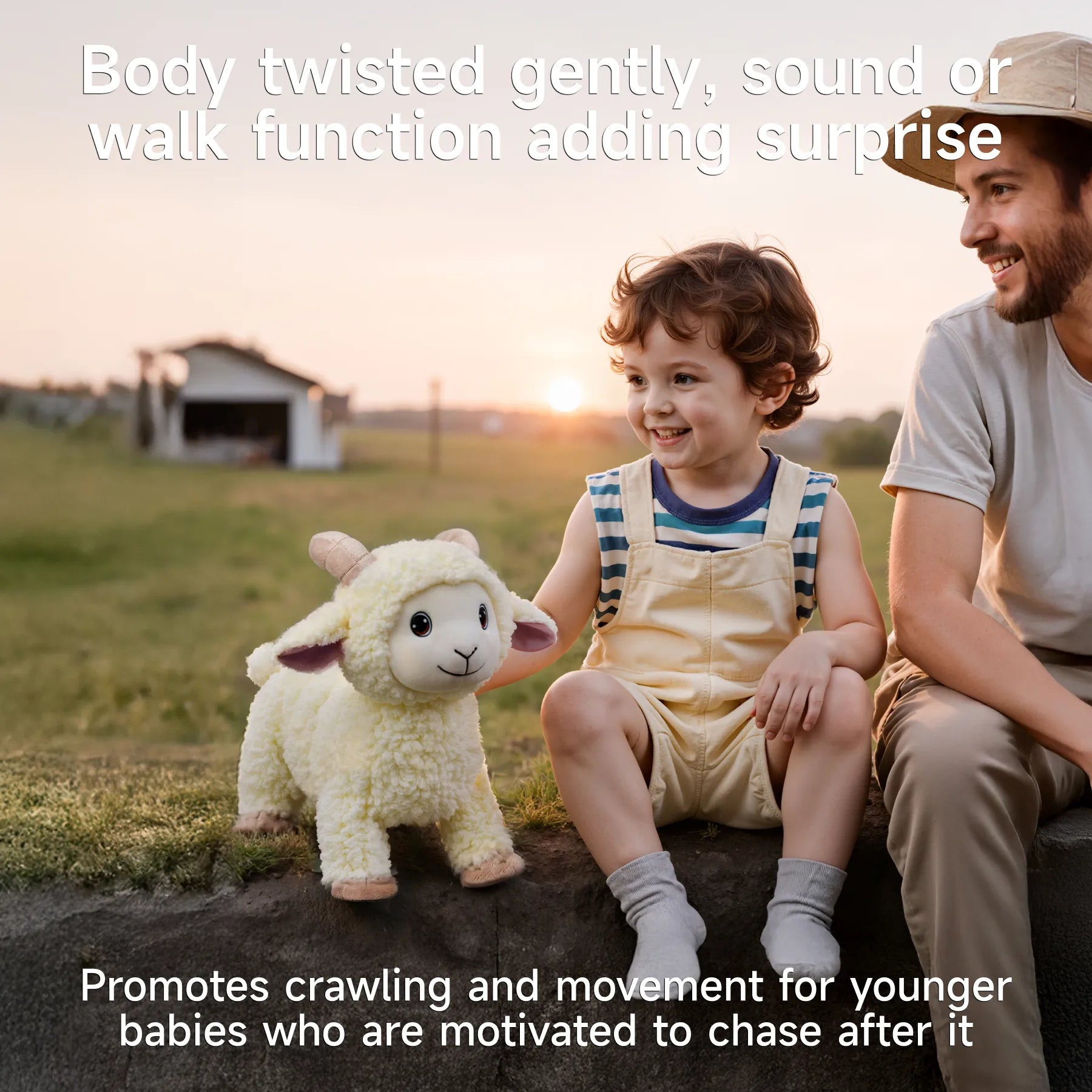 Child sitting beside a smiling adult outdoors, playing with an animated lamb plush toy that walks and sings; caption promotes developmental benefits like encouraging crawling in babies.