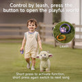 Child walking plush lamb toy using a purple leash with paw-shaped controller, demonstrating leash-controlled movement and sound activation.