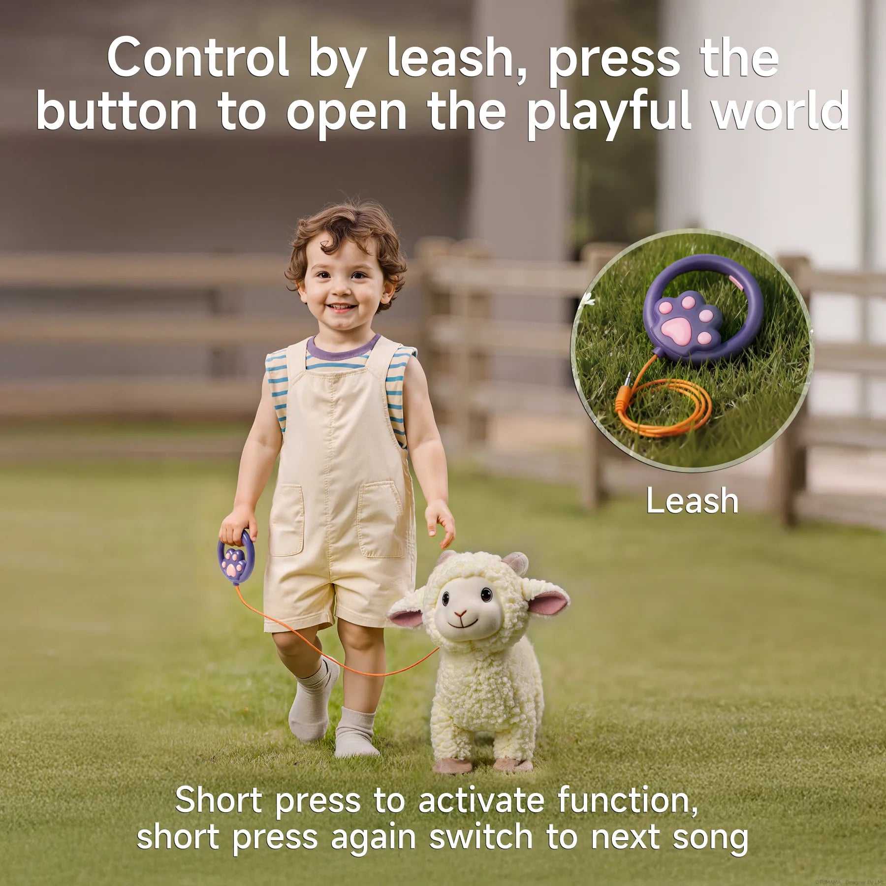 Child walking plush lamb toy using a purple leash with paw-shaped controller, demonstrating leash-controlled movement and sound activation.